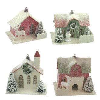 Bethany Lowe Mini Winter Christmas Village House Ornaments, Set of 4 Styles