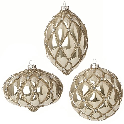 RAZ Imports – Winters Song Theme – 4″ Cream Quilted & Sparkly Christmas Tree Ornaments – Set of 3