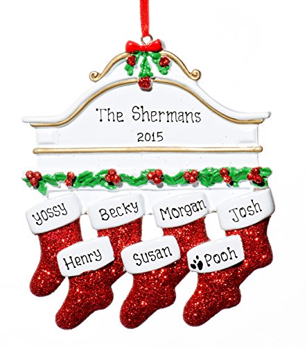 Family 7 (seven) Person Personalize Holiday Christmas Stocking On Mantle Tree Ornament-Free Names Personalized – Shipped In One Day