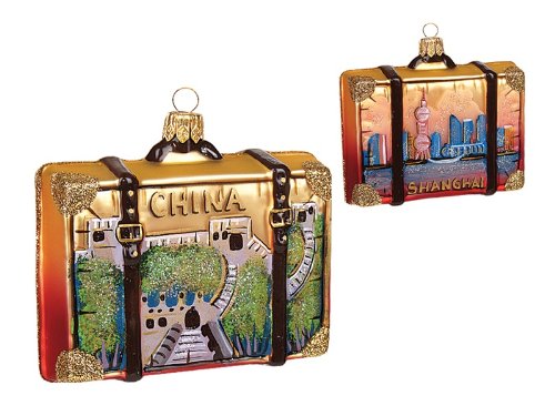 China Travel Suitcase Glass Christmas Ornament Shanghai Great Wall Decoration