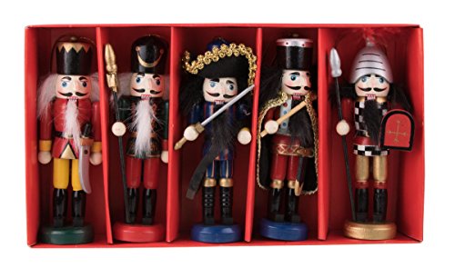 Nutcracker Christmas Ornament Figure Set of 5 with King & Soldiers – 5.5″ Tall Red, Green, Blue, White, Black, Gold, Silver