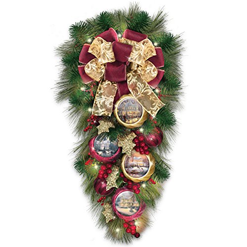 Thomas Kinkade Lighted Teardrop Wreath With Artwork Ornaments: Welcome Christmas by The Bradford Exchange