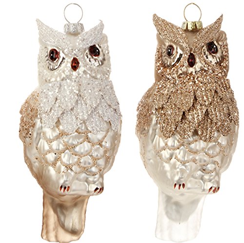 RAZ Imports – Winter Song – Set of 2 White & Brown Glass Owl Christmas Tree Ornaments