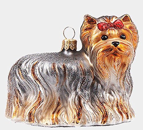 Yorkie Dog with Bow Polish Blown Glass Christmas Ornament Yorkshire Terrier