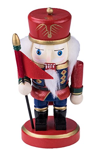 Chubby Soldier Nutcracker Decoration Figure with Hat, Boots, & Flag – 6.25″ Red, Green, Blue, White, Black, Gold