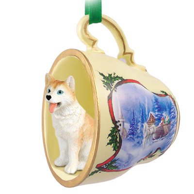Husky Red & White w/Blue Eyes Tea Cup Sleigh Ride Holiday Ornament