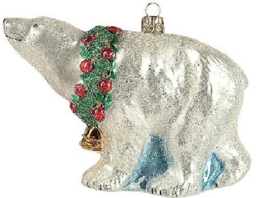Polar Bear with Wreath Polish Glass Christmas Ornament