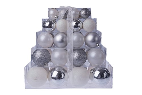 Christmas Silver and White Assorted Shatterproof Orbs and Ornaments Cake Box – 40 Pack