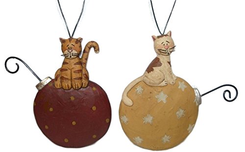 Blossom Bucket Orange Tabby Cat & Calico Cat on Ball Ornament Set of Two Resin Ornaments
