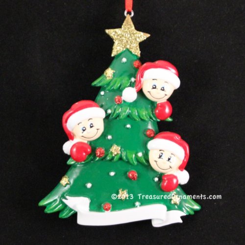 2461 Family of Three with Christmas Tree Hand Personalized Christmas Ornament