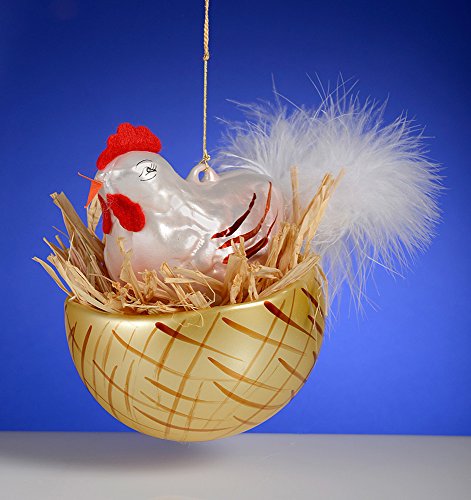 De Carlini Hen in Basket Italian Mouthblown Glass Christmas Ornament
