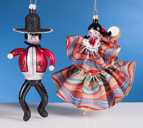 De Carlini Mexican Couple Italian Glass Christmas Ornaments Set of 2