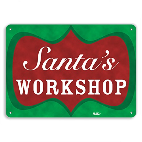 PetKa Signs and Graphics PKCM-0022-NA_14x10 “Santa’s Workshop” Aluminum Sign, 14″ x 10″, White on Green and Red