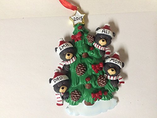 Family of 4 Bear on Tree Personalized Christmas Ornament