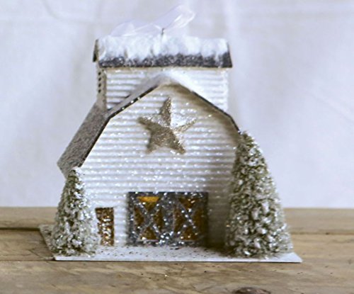 Christmas Village Ornament White Paper Barn, 6″ Tall