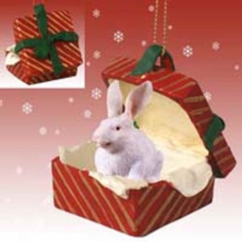 White Rabbit Red Gift Box Christmas Ornament