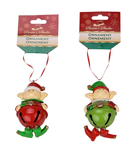 Christmas Jingle Bell Elf Ornaments 5″ with Hat and Boots – Green, Red, and White (Pack of 2)
