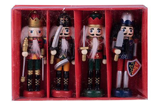 Classic Nutcracker Christmas Ornament Figure Set of 4 with King & Soldiers – 5.5″ Tall Red, Green, Blue, Brown, White, Black, Gold, Silver