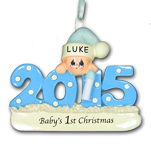 2015 Baby’s First 1st Christmas Ornament in Blue for Baby Boy with Free Personalization (Blue)