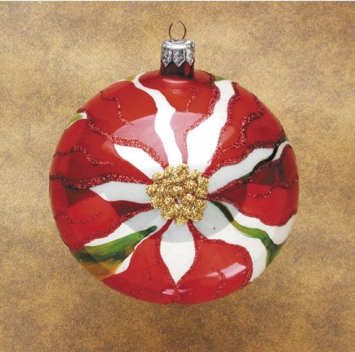 Christina’s World White W/Red Poinsetta Hand-Painted Glass Christmas Ornament, 112mm