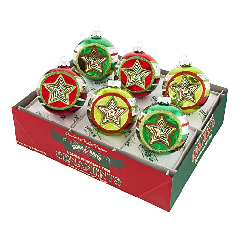 Shiny Brite Holiday Splendor Set of Six Three Inch Round Ornaments with Star Reflectors