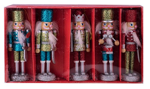 Glitter Nutcracker Christmas Ornament Figure Set of 5 with King, Soldiers, & Drummer – 5.5″ Tall Red, Green, Blue, White, Black, Gold, Silver