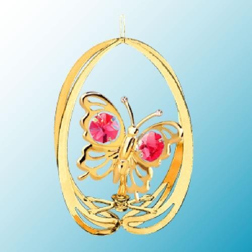 24k Gold Butterfly in Elipse Ornament – Red Swarovski Crystal
