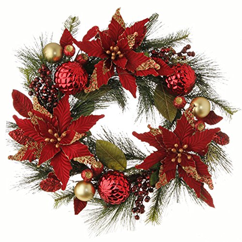 RAZ Imports – Garnet – 26″ Red and Gold Poinsettia and Ball Ornament Wreath