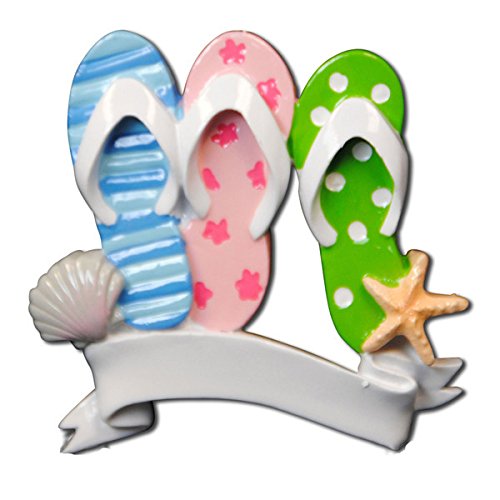 Flip Flop Travel Beach Family of 3 Personalized Christmas Tree Ornament