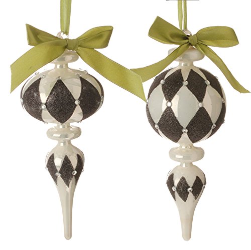 RAZ Imports – Natural Elegance – 8.5″ Harlequin Black and White Diamond with Gems Christmas Tree Finial Ornaments with Green Hanging Ribbon – Set of 2 Ornaments