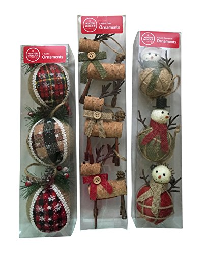 Rustic Christmas Tree Ornaments with Hanging String (Set of 9)