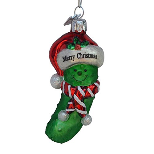 3.5″ Noble Gems Green and Red Glass “Merry Christmas” Pickle Christmas Ornament