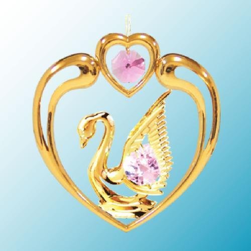 24k Gold Swan in Heart Ornament – Pink Swarovski Crystal