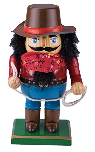 Chubby Cowboy Nutcracker Decoration Figure with Hat, Bandanna, Boots, & Lasso – 7.25″ Blue, Red, White, Black, Brown