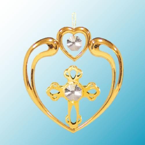 24k Gold Cross in Heart Ornament – Clear Swarovski Crystal