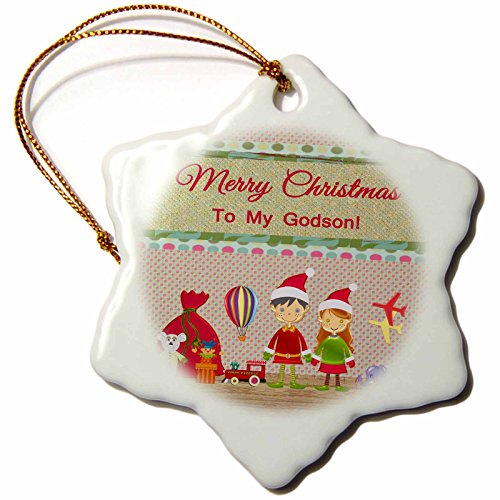 Beverly Turner Christmas Design – Elf Boy and Girl, Santa Workshop with Toys, Merry Christmas to Godson – 3 inch Snowflake Porcelain Ornament (orn_223606_1)