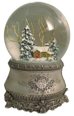 5.5″ Cottage With Tree Glitter Silver Base 100mm Dome Plays I’ll Be Home For Christmas by Roman