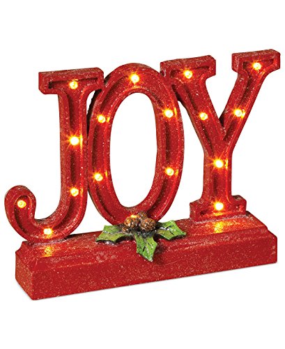 LED Lighted Joy Standing Tabletop Sign Holiday Decoration with Holly Accent