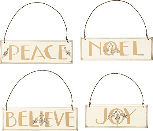 Silver and Gold Christmas Sign Set – 4 Ornaments (Peace, Noel, Believe, Joy) 4-3/4 to 5-1/2-in