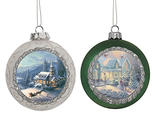 Thomas Kinkade Set of 2 Glass Ball Ornaments – Sunday Evening Sleigh Ride & Christmas Cottage