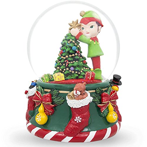 6″ Elf Decorating Christmas Tree with Ornaments Musical Box Water Snow Globe