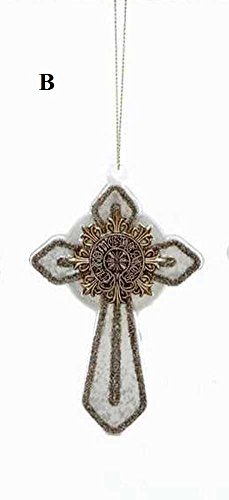 Creative Co-Op Twelve Days of Christmas Collection Glass Cross Ornament, Ivory With Silver Detail, Choice of Style (B)