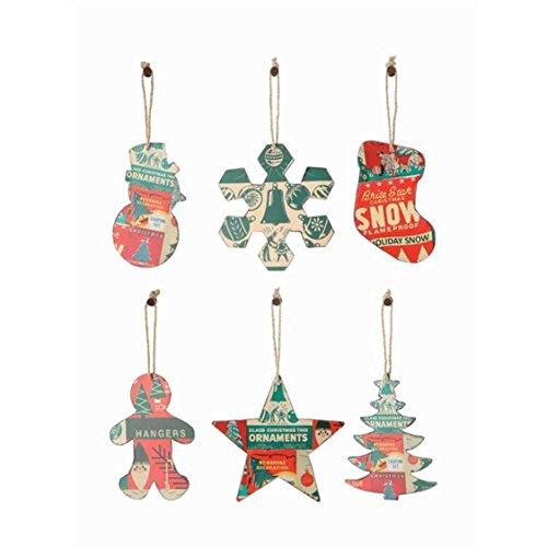 Cottage Christmas Printed Tin Ornament Set – 6 Ornaments (Snowman, Snowflake, Stocking, Gingerbread Man, Star, Christmas Tree) 3-1/2-in