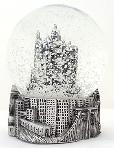 Modern NYC Snow Globe with Engraved Brooklyn Bridge Skyline Base (“Top Quality, DM Engraved”)