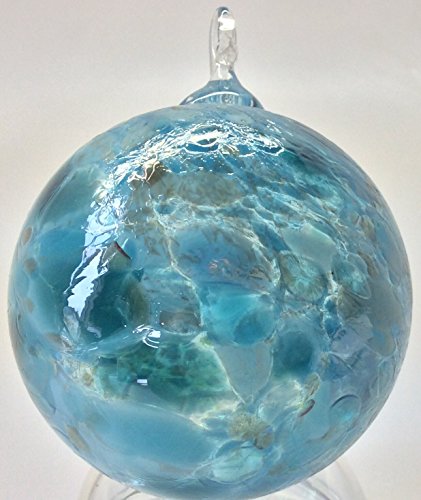 Handmade Artist Totally Blown Glass Ball Ornament 4″ Teal Spots
