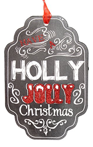 Blossom Bucket Holly Jolly Hanging Sign with Ribbon Christmas Decor, 4 by 6″