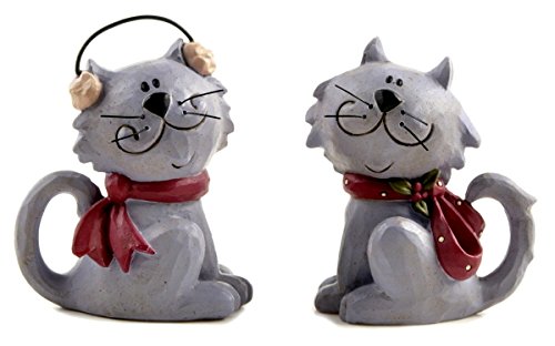 Blossom Bucket Winter Grey CAT w/ Red Scarf & Ear Muffs Set of TWO Resin Figurines
