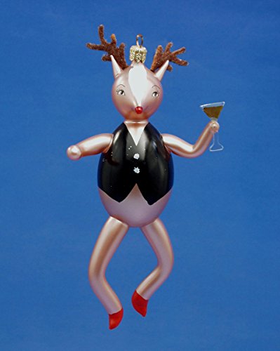 De Carlini Italian Mouthblown Glass Reindeer Toasting with Glass Christmas Ornament