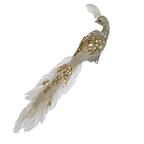 Kurt Adler 11″ Pale Gold & Ivory Peacock W/sequin Feather & Close Tail ON Metal Clip