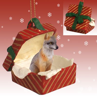 Conversation Concepts Gray Fox Red Gift Box Ornament